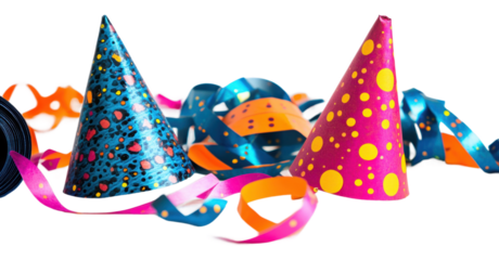Colorful party hats with ribbons isolated on transparent background
