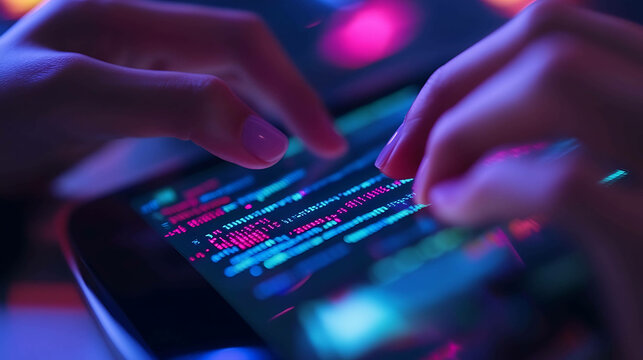 Close-up of hands typing code on a glowing phone screen.