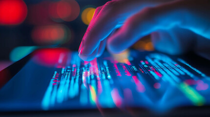 Close up of a hand typing on a tablet with colorful code on the screen.