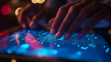 Close-up of hands interacting with a tablet screen showing data.