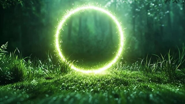 Bright glowing circle is floating over the grass in a forest at night, surrounded by lush greenery. The ethereal scene evokes a sense of magic and wonder