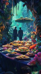 An enchanting rear view of a surreal Utopian dinner party
