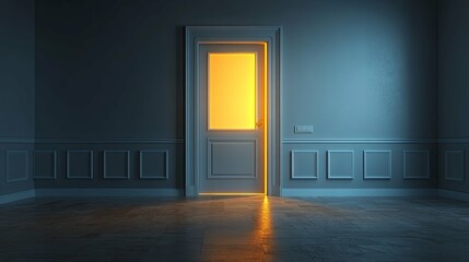A Glowing Doorway in a Dark Room with White Moldings