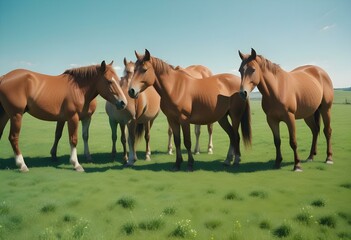 Fototapeta premium A herd of brown horses standing in a grassy field with a forest in the background