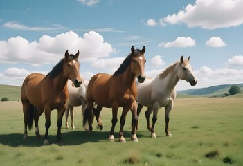 Fototapeta premium A herd of brown horses standing in a grassy field with a forest in the background