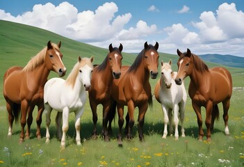 Obraz premium A herd of brown horses standing in a grassy field with a forest in the background
