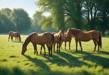 Obraz premium A herd of brown horses standing in a grassy field with a forest in the background