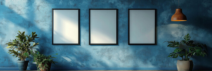 Three blank frames hang on a blue wall with plants.