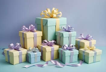 Fototapeta premium Assortment of pastel pink and blue gift boxes with pink bows on a light blue background