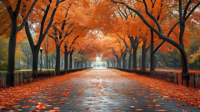 A Path Lined with Vibrant Autumn Trees and Fallen Leaves