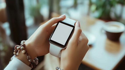 Woman's hands hold a white smartwatch with blank screen.
