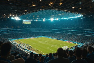 Shot of Empty Football Soccer Stadium. International Tournament Concept. A crowd of Fans Cheer on the Tribune. Beginning of Sports Final Game. Crowded Arena With Excited Supporters Waiting , ai