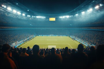 Shot of Empty Football Soccer Stadium. International Tournament Concept. A crowd of Fans Cheer on the Tribune. Beginning of Sports Final Game. Crowded Arena With Excited Supporters Waiting , ai