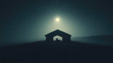 Nativity. Silhouette of a stable in the desert with starry sky and bright comet.