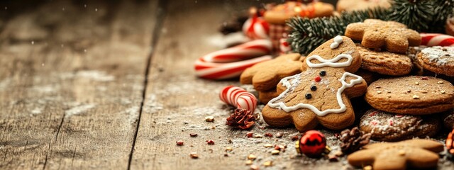 Christmas gingerbread cookies and candy canes on rustic wooden background with copy space.