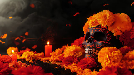 A decorated skull surrounded by vibrant marigold flowers and candles, symbolizing the rich traditions of Dia de los Muertos, honoring deceased loved ones, copy space