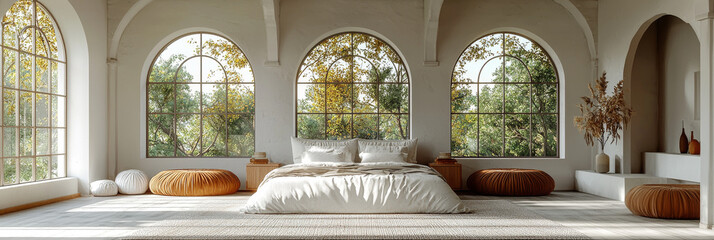 A minimalist bedroom with a large bed, lots of natural light, and a few pops of color.