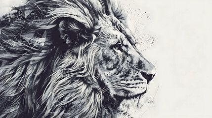 A black and white illustration of a lion's head with a powerful and majestic presence.