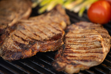 Fresh juicy delicious beef steak on barbecue grill. Bbq meat. Roasted beef.