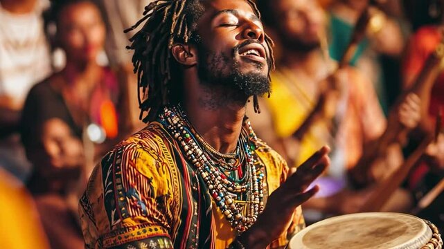 This drummer captivates the crowd with rhythmic beats during a lively festival.