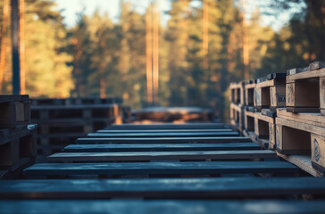 Obraz premium Close-Up of Pallets on Conveyor Belt in a Bustling Lumber Yard