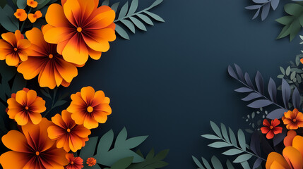 Obraz premium Colorful marigolds fill the composition, representing the Day of the Dead, a celebration honoring the memory of those who have passed away with joy and reverence, copy space