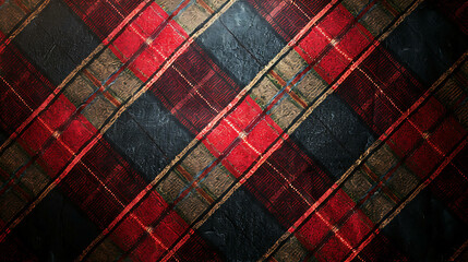 A dark red, black, and gold plaid fabric texture.