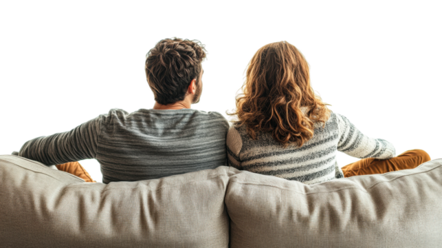 Couple relaxing together on a cozy couch at home isolated on transparent background