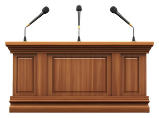 Wooden podium with two microphones for speakers isolated on transparent background