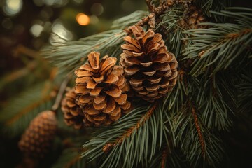 Pine cones on the branches of a Christmas tree in the forest.