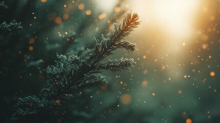 Fir tree branch with snow and sunlight background. Christmas concept.