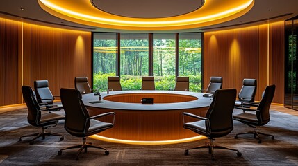 A circular conference room with chairs arranged for an open discussion
