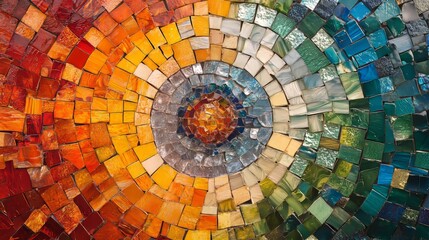 Fototapeta premium A circular mosaic made of broken pieces of glass and ceramic, forming a vibrant pattern