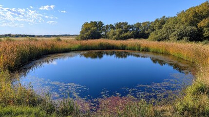 A circular pond surrounded by reeds and willows, reflecting the blue sky