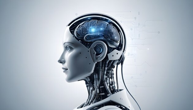A sleek, futuristic artificial intelligence humanoid robot, primarily white and metallic in color, with a highly detailed and exposed mechanical structure. 