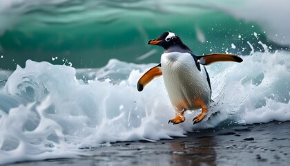 Gentoo penguin braving crashing waves on a wild ocean journey