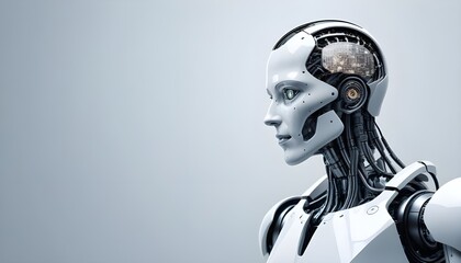 A sleek, futuristic artificial intelligence humanoid robot, primarily white and metallic in color, with a highly detailed and exposed mechanical structure. 