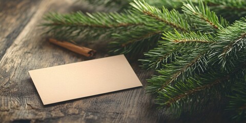 Obraz premium Festive fir branches with a cinnamon stick and blank tag on a wooden surface, perfect for holiday greetings or seasonal decorations.