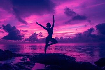 Silhouette lady practice yoga for healthy on the beach with twilight sky background , ai