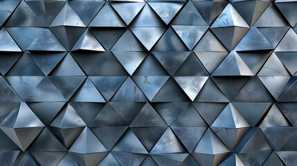 Obraz premium A geometric pattern of blue, metallic, triangular shapes.