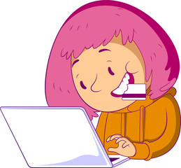 cheerful friendly woman using laptop and smiling while shopping online, vector illustration