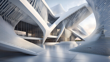 3D rendering of an abstract architectural design made up of lines and planes.