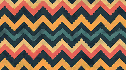 Vintage chevron pattern in yellow, orange, red, blue, and black.