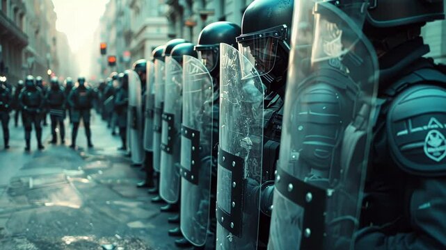 Law enforcement officers equipped with riot gear and shields, standing in formation, prepared to maintain order during a protest in an urban environment