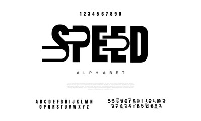 Obraz premium Speed creative modern geometric urban alphabet font. Digital abstract futuristic, game, techno, robot, music, logo, sport, minimal technology typography. Simple numeric vector illustration