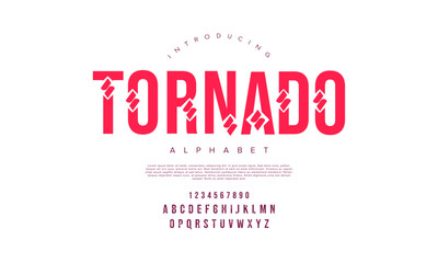 Tornado creative modern geometric urban alphabet font. Digital abstract futuristic, game, techno, robot, music, logo, sport, minimal technology typography. Simple numeric vector illustration