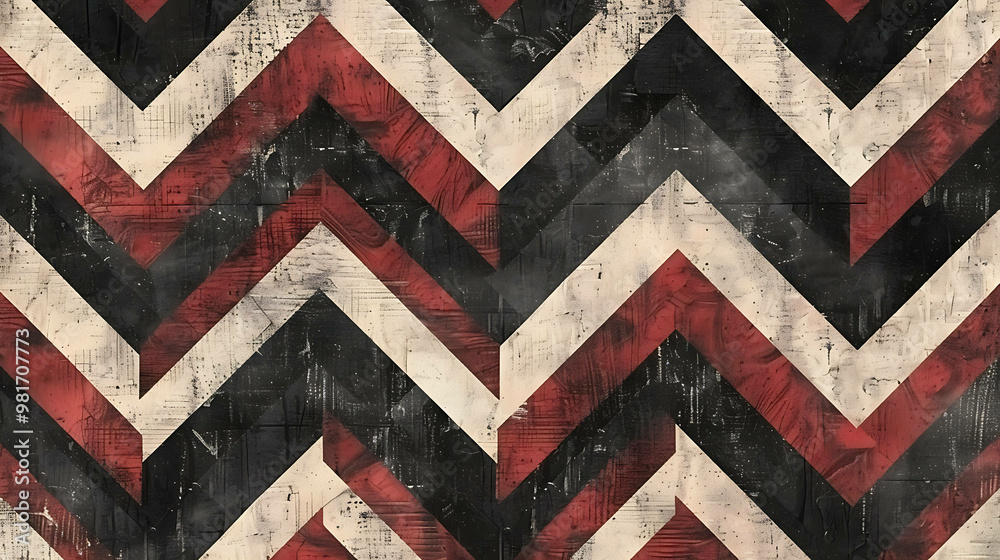 Poster Abstract red, black and white chevron pattern.