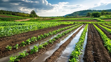 Obraz premium Agriculture irrigation canals and systems ensuring water reaches every plant.