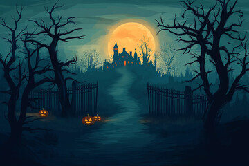 Halloween night background with spooky pumpkins, a haunted house, and dark trees. Halloween concept illustration design. Cartoon vector illustration for a Halloween party invitation or poster. Space f