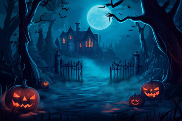 Halloween night background with spooky pumpkins, a haunted house, and dark trees. Halloween concept illustration design. Cartoon vector illustration for a Halloween party invitation or poster. Space f